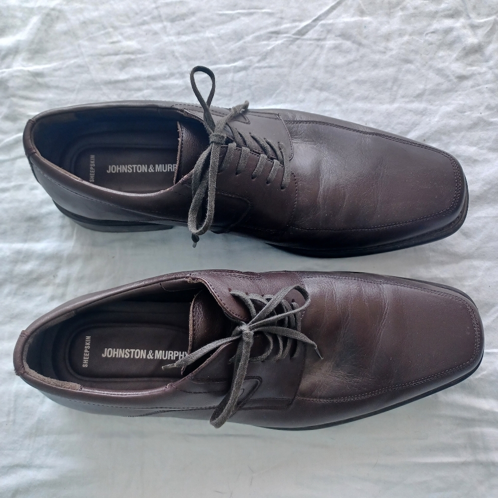 JOHNSTON & MURPHY SHEEPSKIN  BROWN DRESS LACE UP SHOE  13M FITS LIKE 12M - Picture 2 of 14